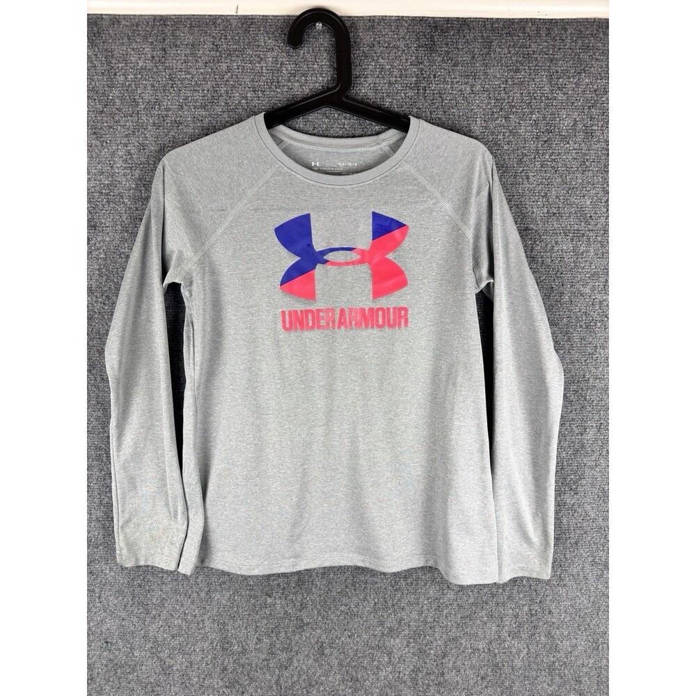 Under Armour Girls Shirt YLG Youth Large Gray Long Sleeve Heatgear Logo